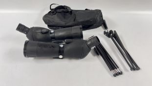 TWO TRAVELLER ADVENTURIDGE PRISMATIC SPOTTING SCOPES 20-60 X 60 IN CARRY BAGS WITH TRIPODS.