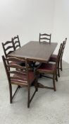AN OAK EXTENDING DINING TABLE + A SET OF SIX LADDER BACK DINING CHAIRS.
