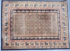 A RED PATTERNED SUPER KESHAN CARPET 2.35M X 1.6M AND GOLD PATTERNED CARPET 2.85M X 2M.