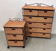 A WICKER METAL FRAMED CHEST OF DRAWERS,