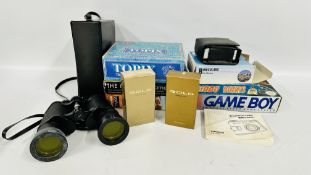 TASCO 20X50 FIELD BINOCULARS, NYTECH CAMERA, NINTENDO GAMEBOY AND GAMES, WORMS 2 COMPUTER GAME,