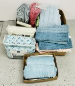 3 BOXES OF ASSORTED THROWS, QUILTS ETC., + RALPH LAUREN TABLE CLOTH, 152CM X 305CM & KITCHEN TOWELS.