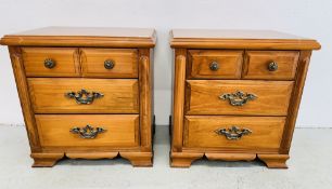 A PAIR OF PINE FRONTED 3 DRAWER BEDSIDE CHESTS.