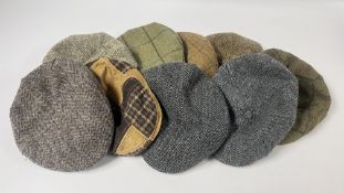 A BOX OF GENTLEMEN'S FLAT CAPS TO INCLUDE HARRIS TWEED EXAMPLES.