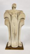AN ART DECO HARD STONE NUDE SCULPTURE MOUNTED ON A BRASS BASE, H 30CM.
