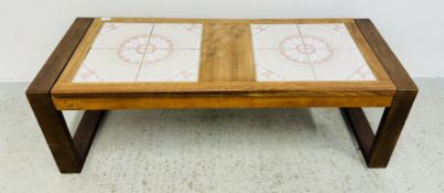 MID CENTURY TEAK TILE TOP COFFEE TABLE.
