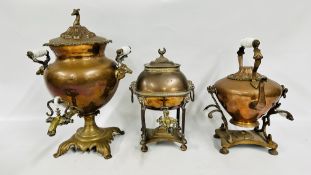 TWO ANTIQUE COPPER SAMOVARS + ANTIQUE COPPER SPIRIT KETTLE.