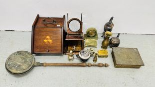 A MAHOGANY COAL BOX, MAHOGANY MAGNIFIER A/F + ASSORTED METALWARE AND ONYX ITEMS.