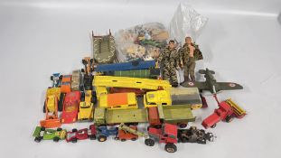 A BASKET OF ASSORTED VINTAGE MATCHBOX DIE-CAST MODEL VEHICLES TO INCLUDE SUPER FAST RACING CARS,