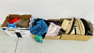 3 BOXES OF ASSORTED LADIES AND GENT'S HATS AND SCARVES TO INCLUDE MARKS AND SPENCER, BARMAH,