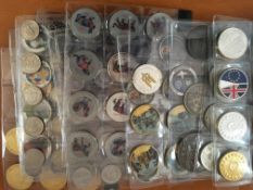 MEDALLIONS: A COLLECTION OF MEDALLIONS, FANTASY COINS, TOKENS AND A FEW FAKE COINS ON LEAVES,