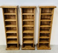 THREE MODERN SOLID LIGHT OAK MEDIA STORAGE TOWERS, EACH W 36CM, D 20CM, H 115CM.