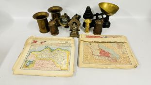 GROUP OF VINTAGE METALWARE TO INCLUDE SCALES, LAMPS, VASES, ETC + ASSORTED VINTAGE MAPS.