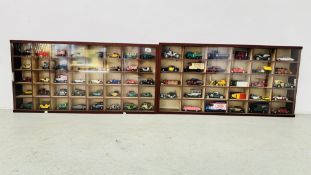TWO DISPLAY CASES CONTAINING AN ASSORTMENT OF MODEL VEHICLES APPROX 80 INCLUDING DAYS GONE,