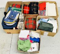 7 BOXES OF ASSORTED TOWELS, BLANKETS, THROWS + BAGS INCLUDING SOME AS NEW EXAMPLES.