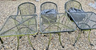 3 METAL CRAFT GARDEN PATIO TABLES WITH 6 METAL CRAFT GARDEN CHAIRS WITH CUSHIONS.