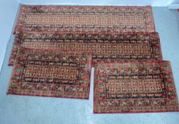 2 X SUPER KESHAN RED PATTERNED HALL RUNNERS EACH 280CM X 69CM AND TWO FURTHER MATCHING RUGS EACH