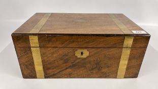 AN ANTIQUE MAHOGANY BRASS BANDED WRITING SLOPE, W 40 X D 25 X H 17CM.