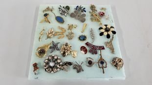 A GROUP OF APPROX 34 ASSORTED BROOCHES TO INCLUDE SHELL, STONE SET AND ENAMEL EXAMPLES.