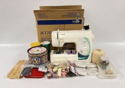 A BROTHER MODEL JK1700 ELECTRIC SEWING MACHINE (FOOT PEDAL NOT PRESENT OR POWER CABLES) ALONG WITH