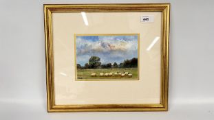 A FRAMED AND MOUNTED OIL ON BOARD TITLED SHEEP NEAR ROCKLAND NORFOLK BEARING SIGNATURE.