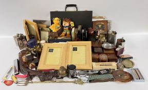 A BOX OF COLLECTIBLES TO INCLUDE PHOTO FRAMES, PEWTER TANKARDS AND HIP FLASKS, POCKET KNIVES,