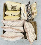 A GROUP OF 5 TAPESTRY STYLE CUSHIONS DEPICTING CATS + A PAIR OF MODERN FEATHER FILLED CUSHIONS