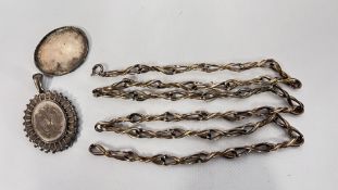 AN ELABORATE VICTORIAN WHITE METAL PHOTO LOCKET A/F + A SILVER TWISTED NECKLACE, L 100CM.