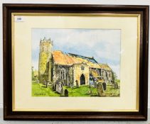 FRAMED AND MOUNTED WATERCOLOUR OF 'ACLE CHURCH UNDER CONSTRUCTION' SIGNED KNIGHTS 96,
