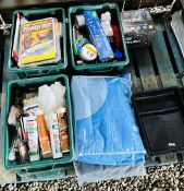 4 X BOXES OF DECORATING ACCESSORIES, DUST COVERS, PAINT TRAYS, FILLERS AND ADHESIVES.