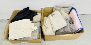 TWO BOXES OF CLOTHING TO INCLUDE AS NEW JUMPERS, PARE NODE JUMPERS, VARIOUS DESIGNS,