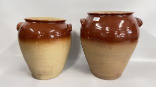 TWO LARGE VINTAGE GLAZED STONEWARE STORAGE CROCK H 43 X H 41CM.