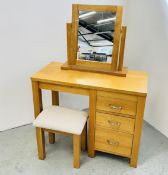 A MODERN SOLID LIGHT OAK SINGLE PEDESTAL DRESSING TABLE WITH SWING VANITY MIRROR AND DRESSING STOOL,