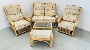 A 5 PIECE CANE FRAMED CONSERVATORY SUITE COMPRISING OF TWO SEATER SOFA, TWO ARM CHAIRS,