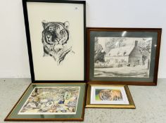 GROUP OF ARTWORK TO INCLUDE PENCIL OF LION BY GARY DIXON, PENCIL DRAWING OF COTTAGE BY GARY DIXON,