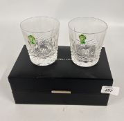 A PAIR OF WATERFORD CRYSTAL LISMORE PATTERN TUMBLERS IN ORIGINAL PRESENTATION BOX.