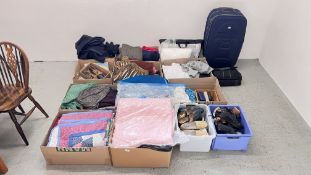 12 BOXES ASSORTED CLOTHING, FOOT WARE, QUILTS, COATS, BLANKETS, GLASSES,