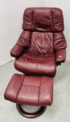 A STRESSLESS BURGUNDY LEATHER UPHOLSTERED RELAXER CHAIR WITH FOOTSTOOL.