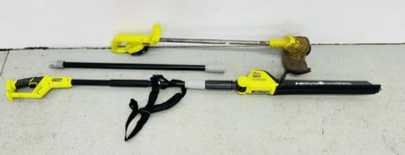 A RYOBI STRIMMER AND HEDGE TRIMMER (NO CHARGER, 1 BATTERY) - SOLD AS SEEN.