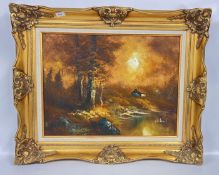 LARGE OIL ON CANVAS DEPICTING A LOG CABIN NEAR A RIVER - INDISTINCT SIGNATURE IN NICE GILT FRAME