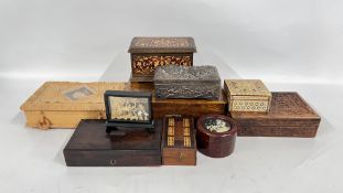 A GROUP OF BOXES TO INCLUDE CORK, LACQUERED AND ANTIMONY EXAMPLES.