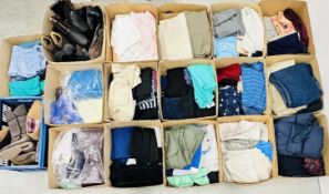 17 BOXES OF ASSORTED LADIES AND GENTS CLOTHING AND FOOTWEAR INCLUDING TROUSERS, SHORTS, JUMPERS,