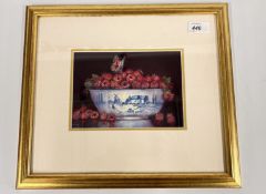 A FRAMED AND MOUNTED OIL ON BOARD TITLED DOULTON NORFOLK CHINA WITH RASPBERRIES BEARING SIGNATURE