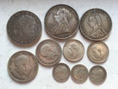 COINS: UK CROWNS 1820, 1900, DOUBLE FLORIN 1890 AND A FEW PRE 1920 ODDMENTS (FACE 8/-) (10 COINS).