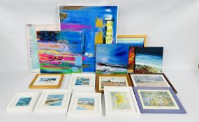 A GROUP OF 3 MODERN ABSTRACT OIL ON CANVAS STUDIES TO INCLUDE AN EXAMPLE TITLED WINDOW SEAT,