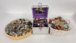 THREE BOXES CONTAINING AN EXTENSIVE GROUP OF ASSORTED COSTUME JEWELLERY, BEADED NECKLACES, BANGLES,