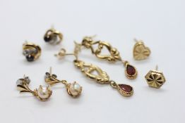 TWO PAIRS OF YELLOW METAL DROP EARRINGS, PAIR OF 9CT GOLD STUD AND ONE OTHER + A SINGLE 14K STUD.