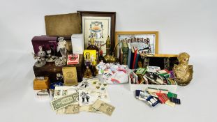 A GROUP OF COLLECTABLES TO INCLUDE STAMPS, MAHOGANY BOX, METALWARE, TABLE LIGHTER,