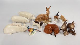 QUANTITY OF BESWICK ANIMALS INCLUDING DEER 721, DOGS, PIGS AND FAMILY OF RABBITS.