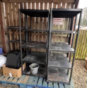 6 BAGS OF BLACK PLASTIC WORKSHOP SHELVING (LARGEST 170CM TALL) PLUS QUANTITY OF FLAT PACK SHELVING